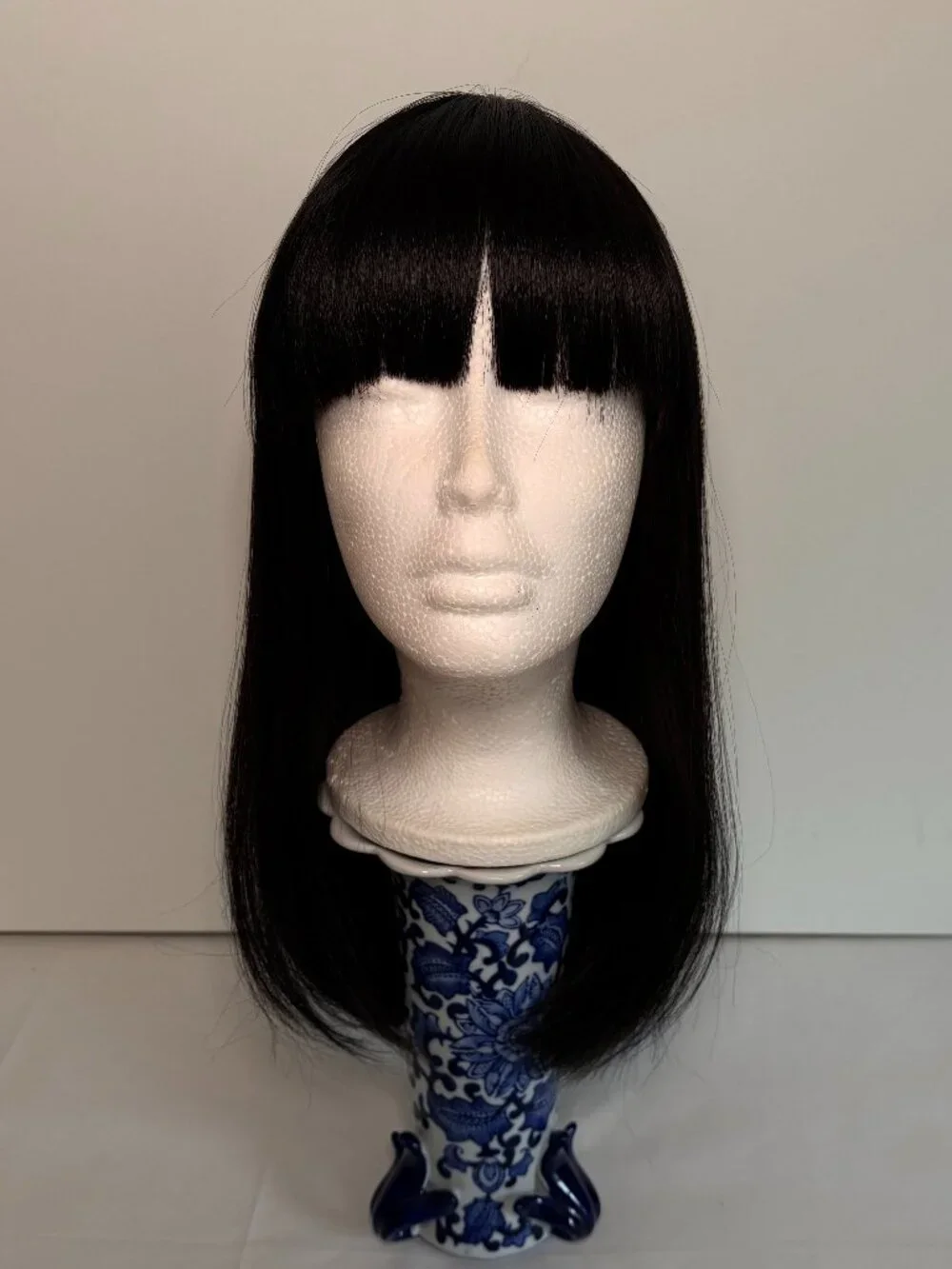 Blended Human Hair Wig – Straight Dark Brown Bob with Full Bangs – Shoulder Leng
